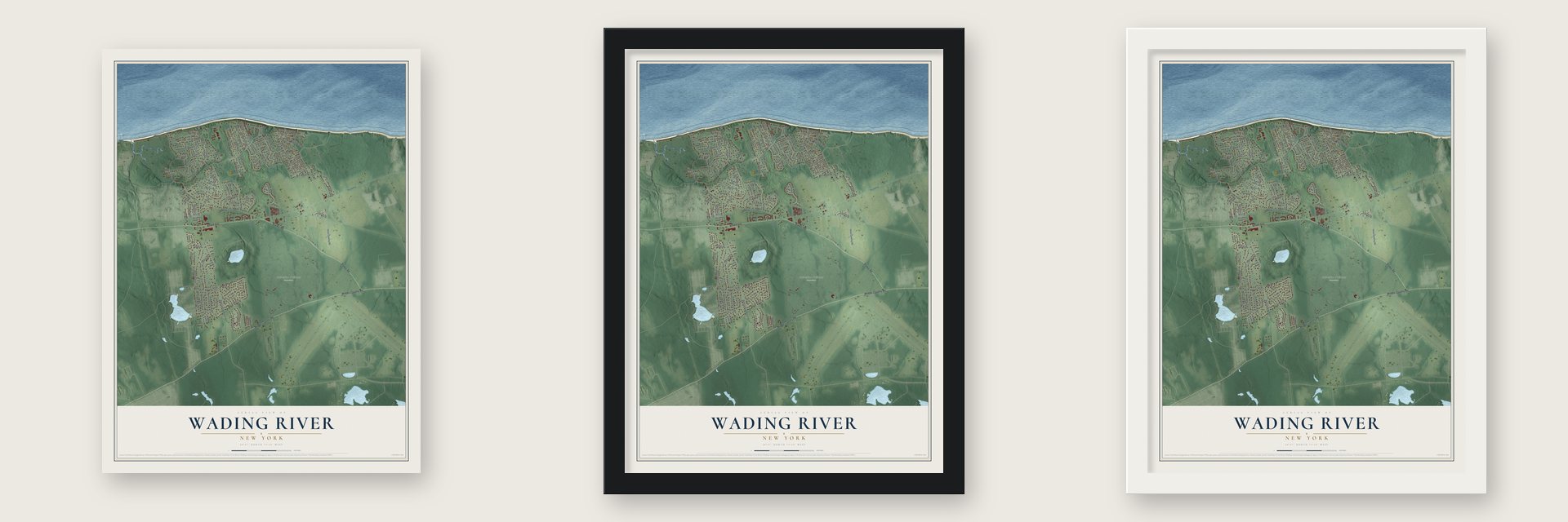 Wading River, New York map unframed, in a black wood frame and in a white wood frame