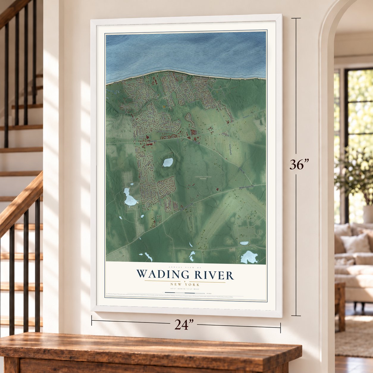 Wading River, New York map, 24 x 36 inch print in a white frame by a staircase