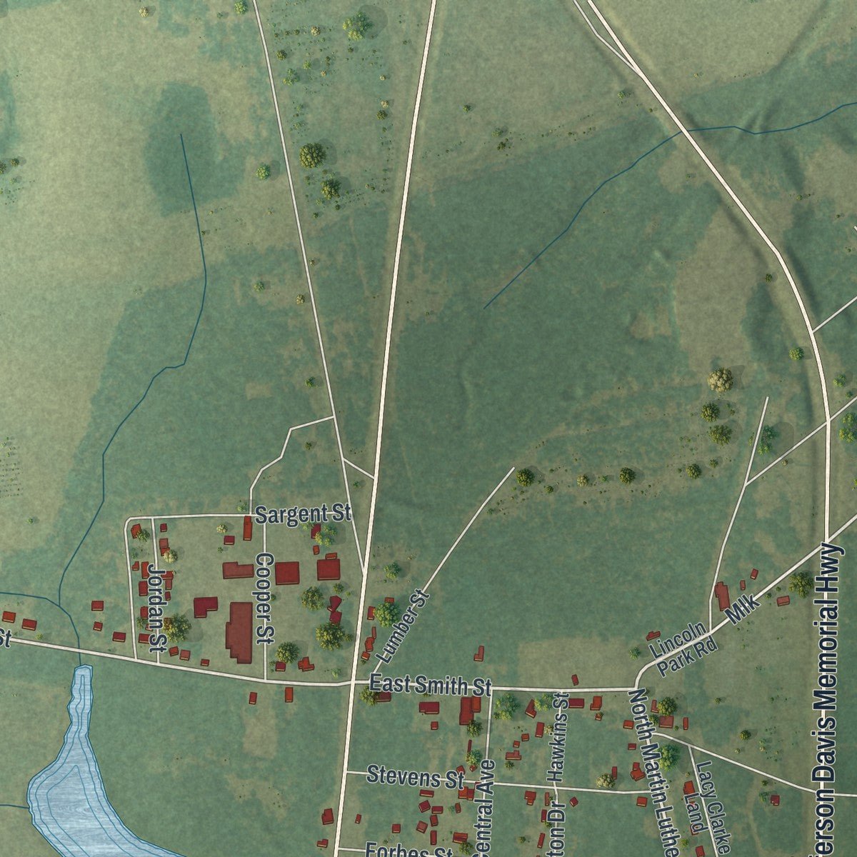 Second close-up of the map of Wadley, Georgia print showing more streets and buildings