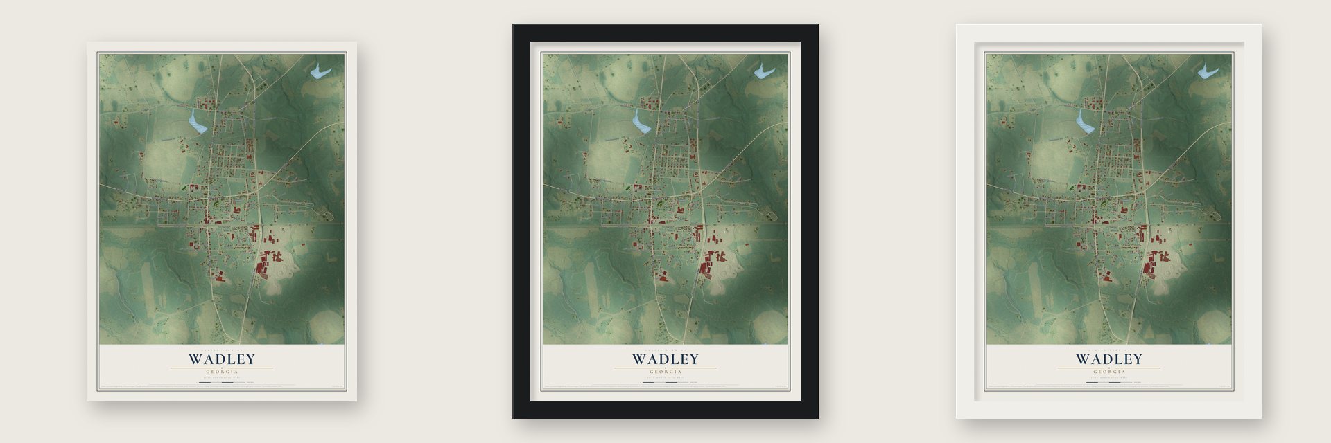 Wadley, Georgia map unframed, in a black wood frame and in a white wood frame