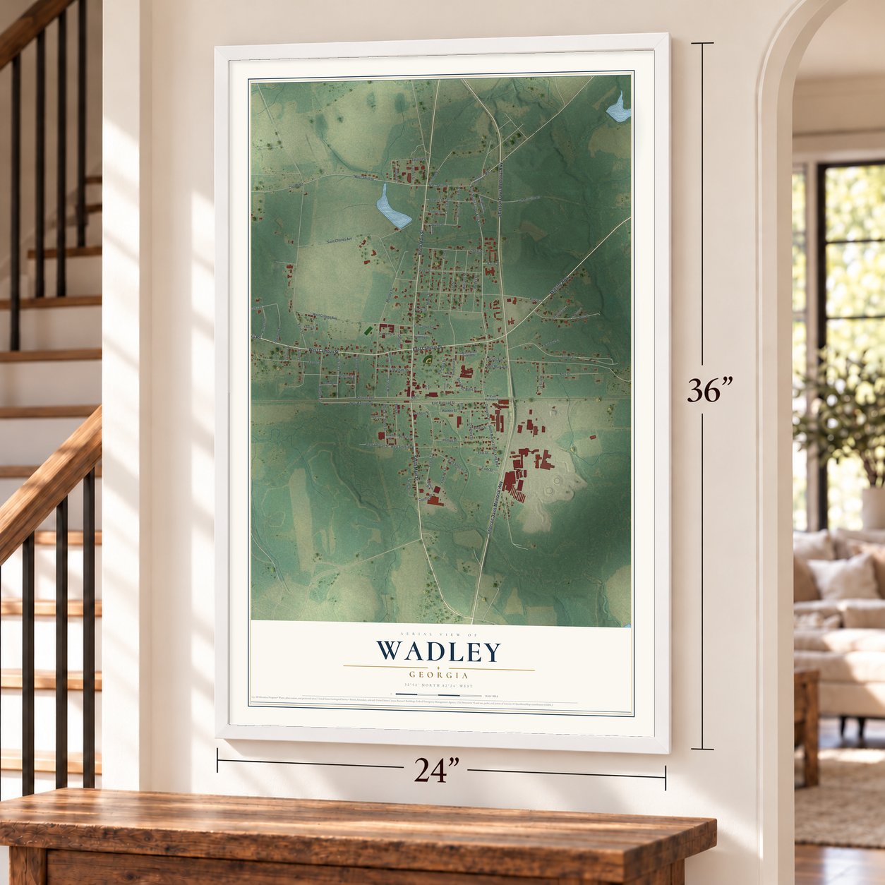 Wadley, Georgia map, 24 x 36 inch print in a white frame by a staircase