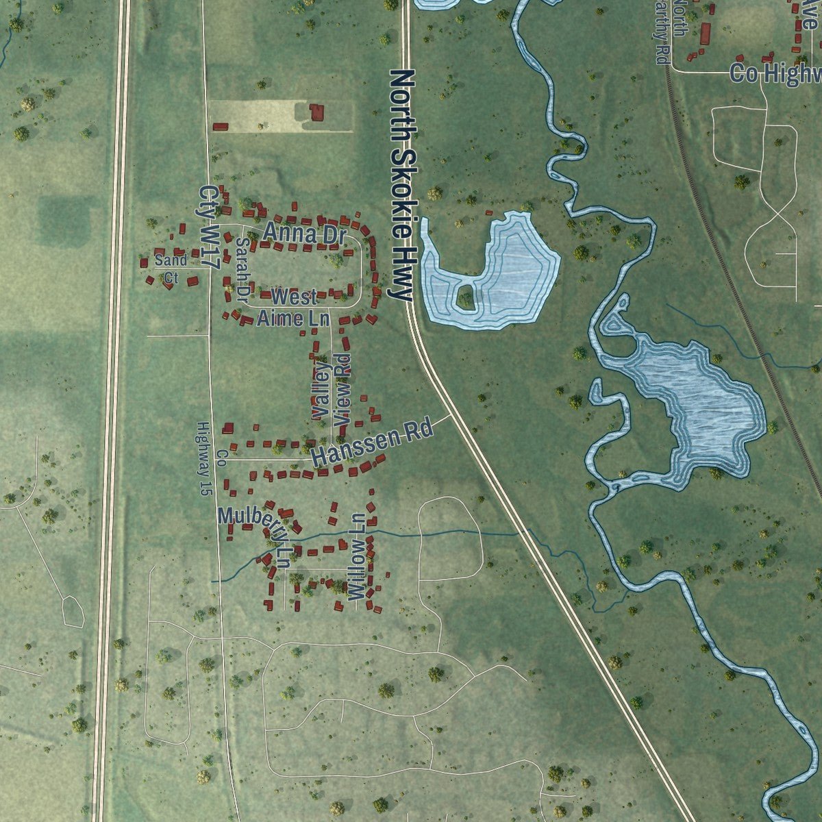 Second close-up of the map of Wadsworth, Illinois print showing more streets and buildings