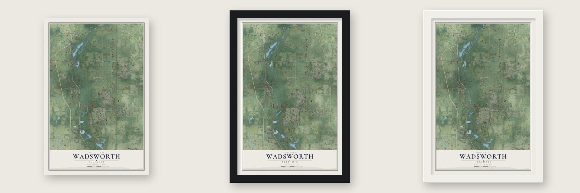 Wadsworth, Illinois map unframed, in a black wood frame and in a white wood frame
