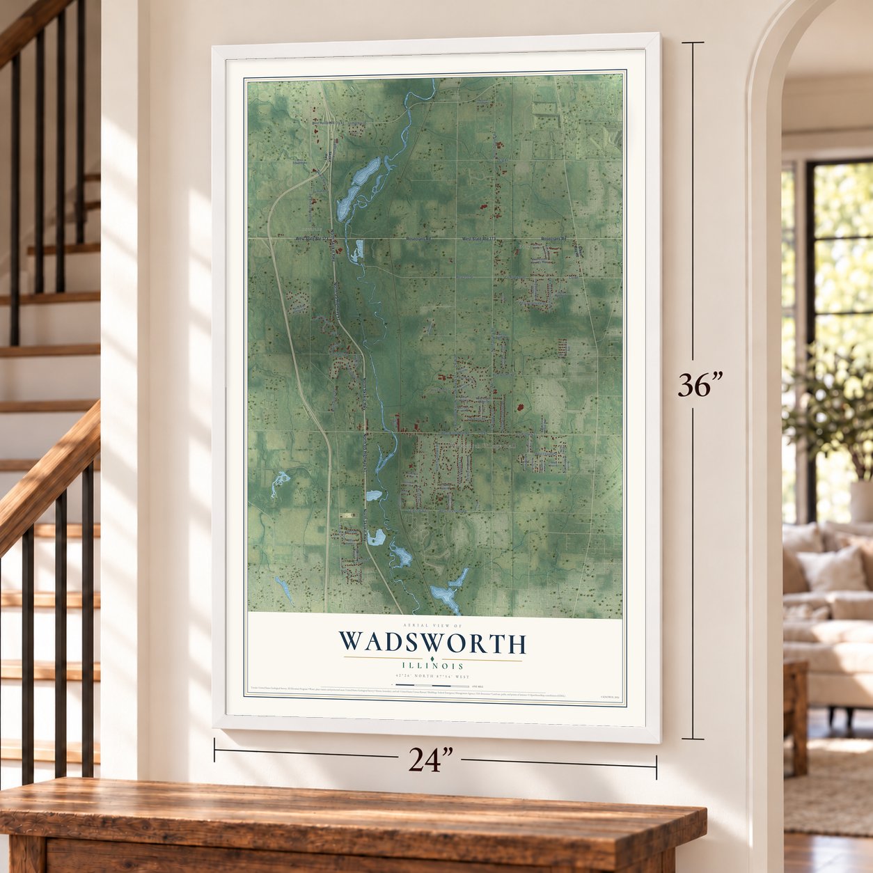 Wadsworth, Illinois map, 24 x 36 inch print in a white frame by a staircase