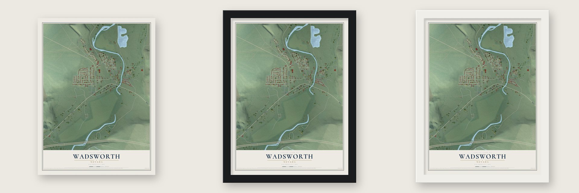 Wadsworth, Nevada map unframed, in a black wood frame and in a white wood frame