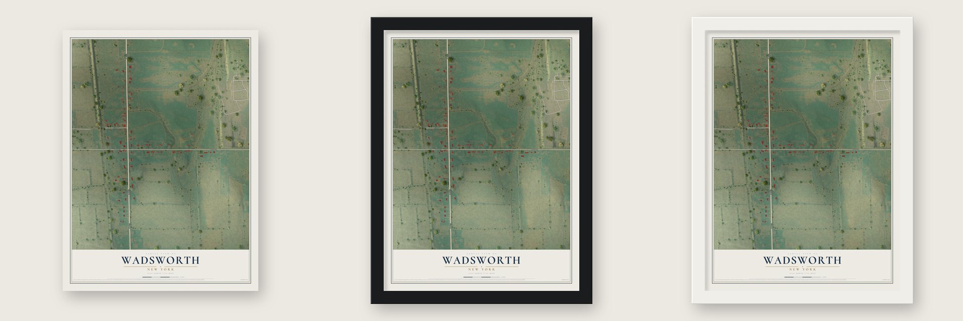 Wadsworth, New York map unframed, in a black wood frame and in a white wood frame