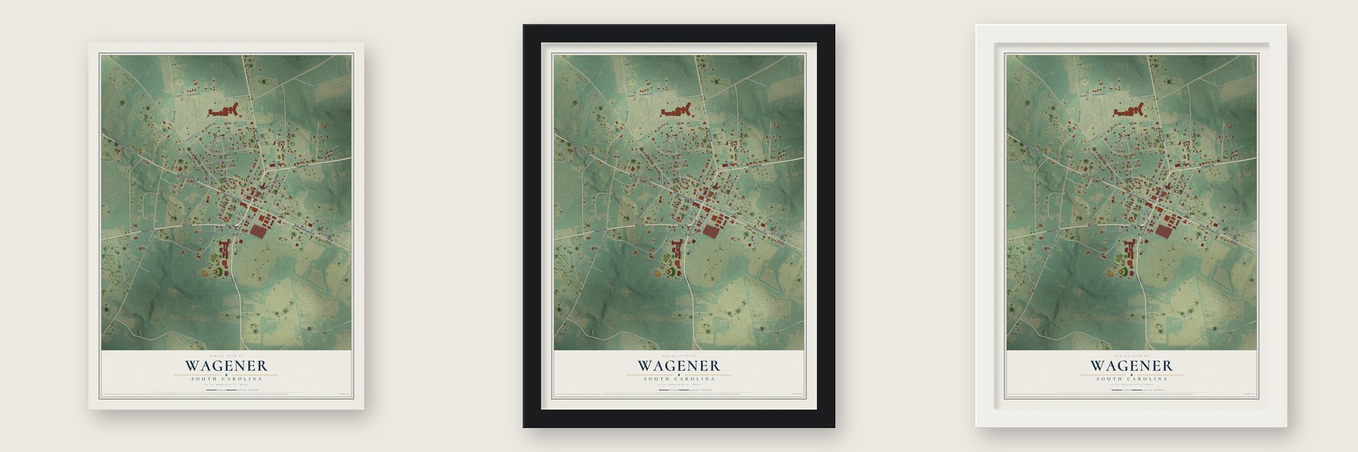 Wagener, South Carolina map unframed, in a black wood frame and in a white wood frame