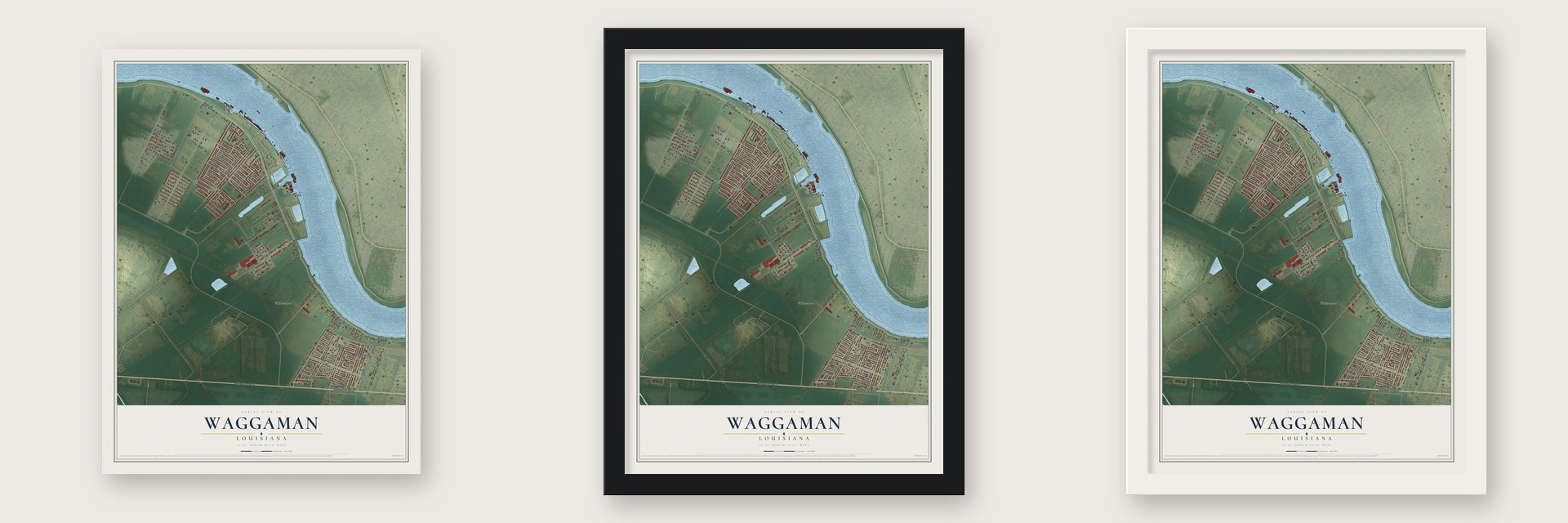 Waggaman, Louisiana map unframed, in a black wood frame and in a white wood frame