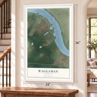 Waggaman, Louisiana map, 24 x 36 inch print in a white frame by a staircase