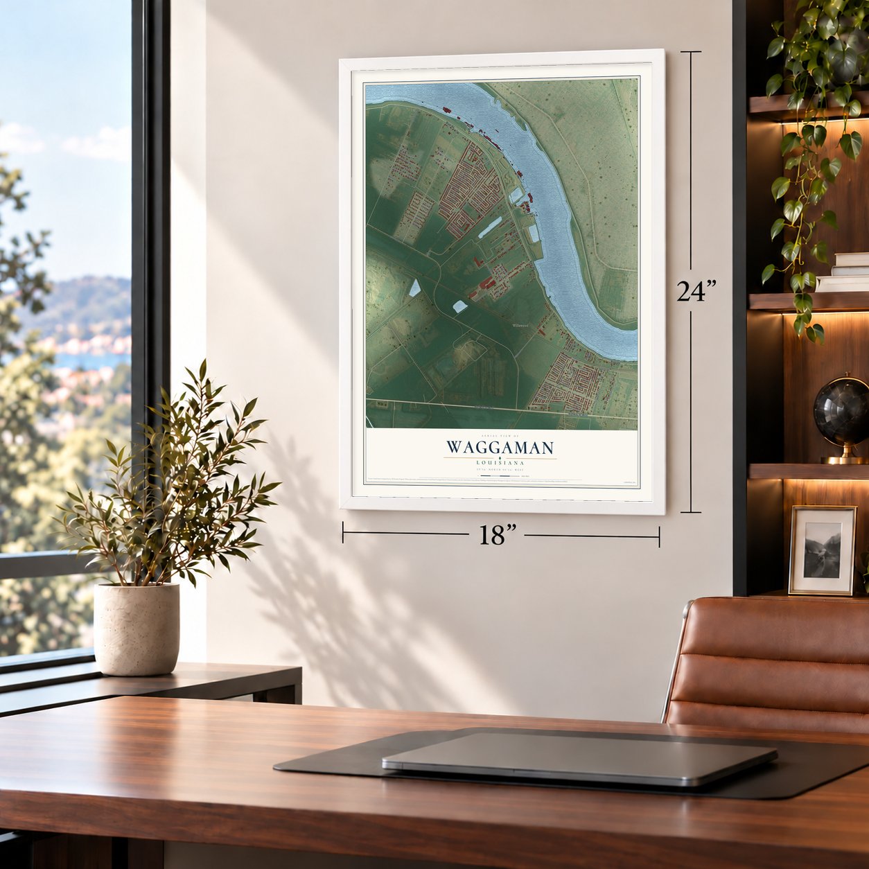 Waggaman, Louisiana map, 18 x 24 inch print in a white frame in a home office