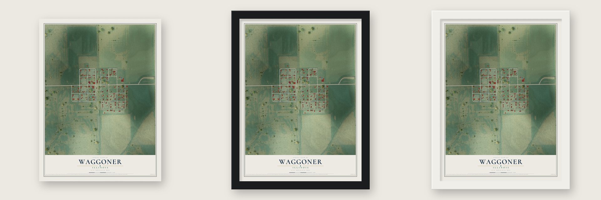 Waggoner, Illinois map unframed, in a black wood frame and in a white wood frame