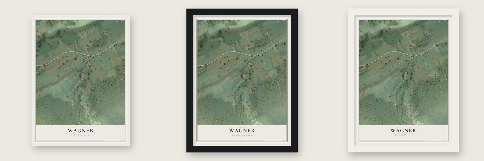 Wagner, Pennsylvania map unframed, in a black wood frame and in a white wood frame