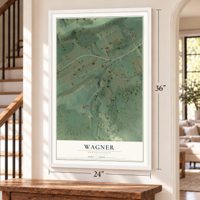 Wagner, Pennsylvania map, 24 x 36 inch print in a white frame by a staircase