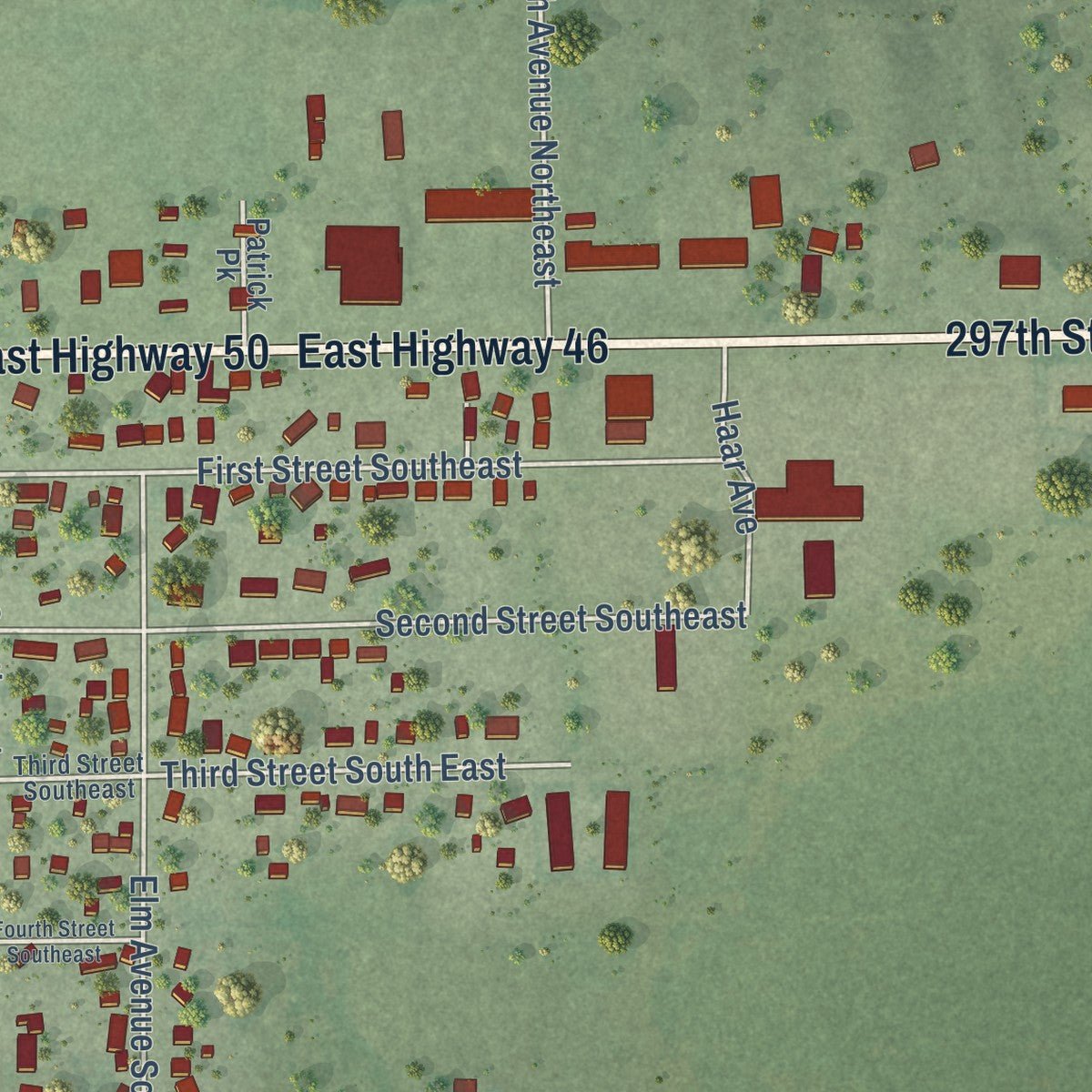 Second close-up of the map of Wagner, South Dakota print showing more streets and buildings