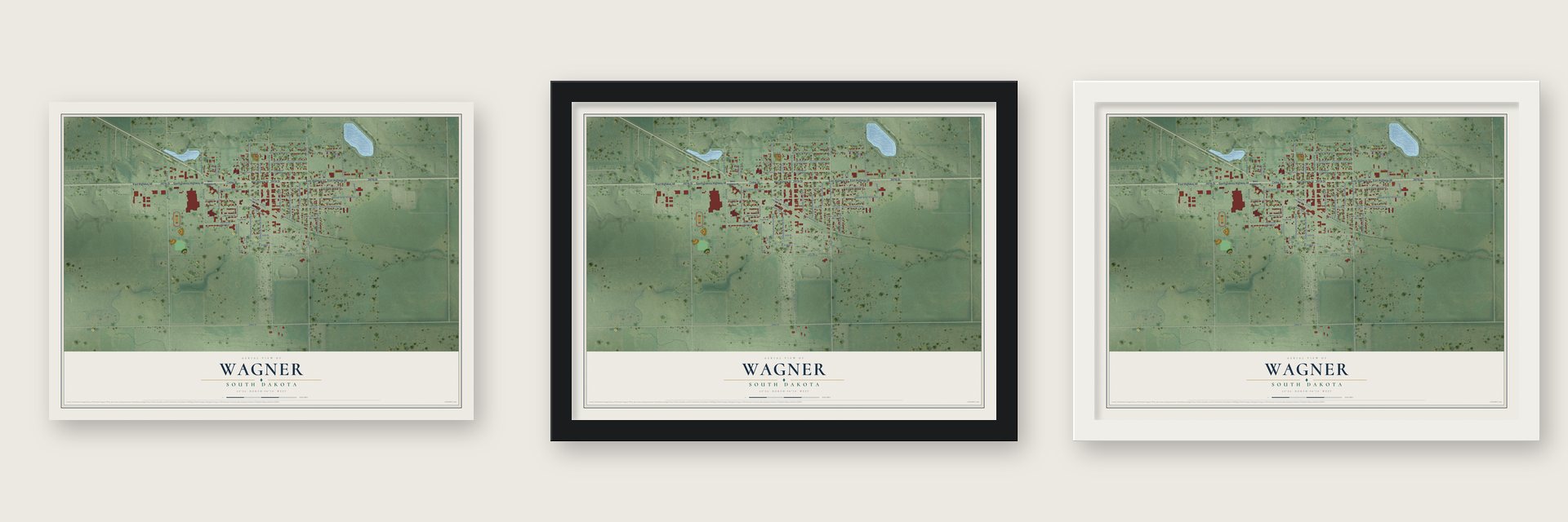 Wagner, South Dakota map unframed, in a black wood frame and in a white wood frame