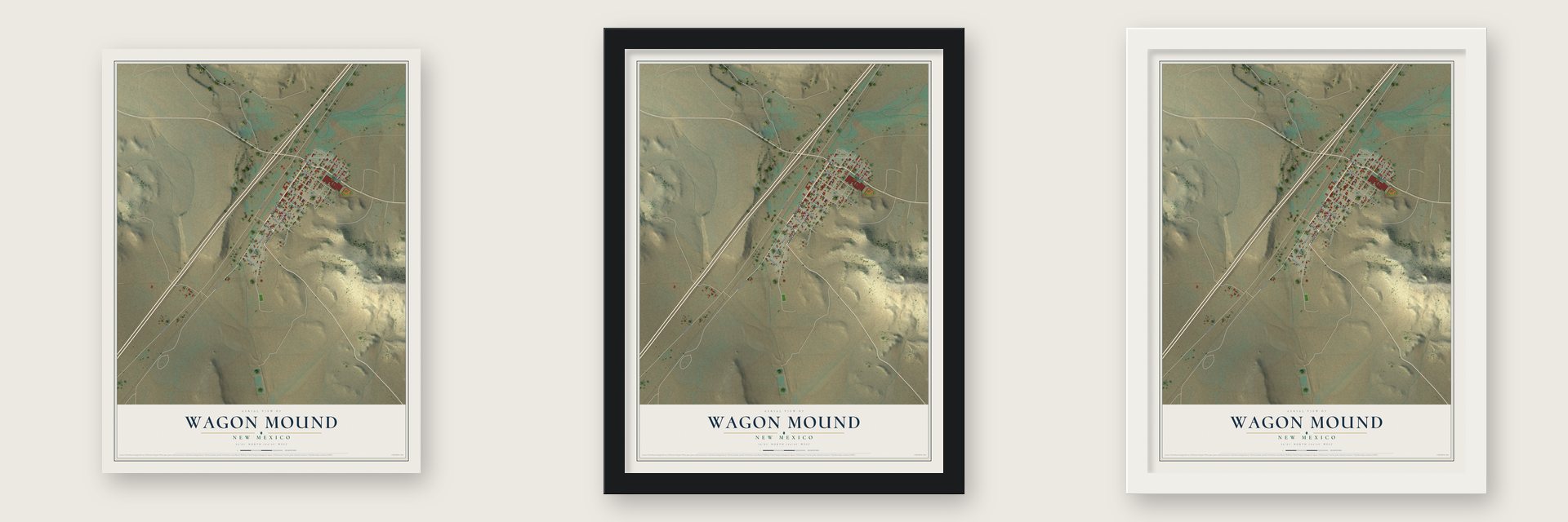 Wagon Mound, New Mexico map unframed, in a black wood frame and in a white wood frame
