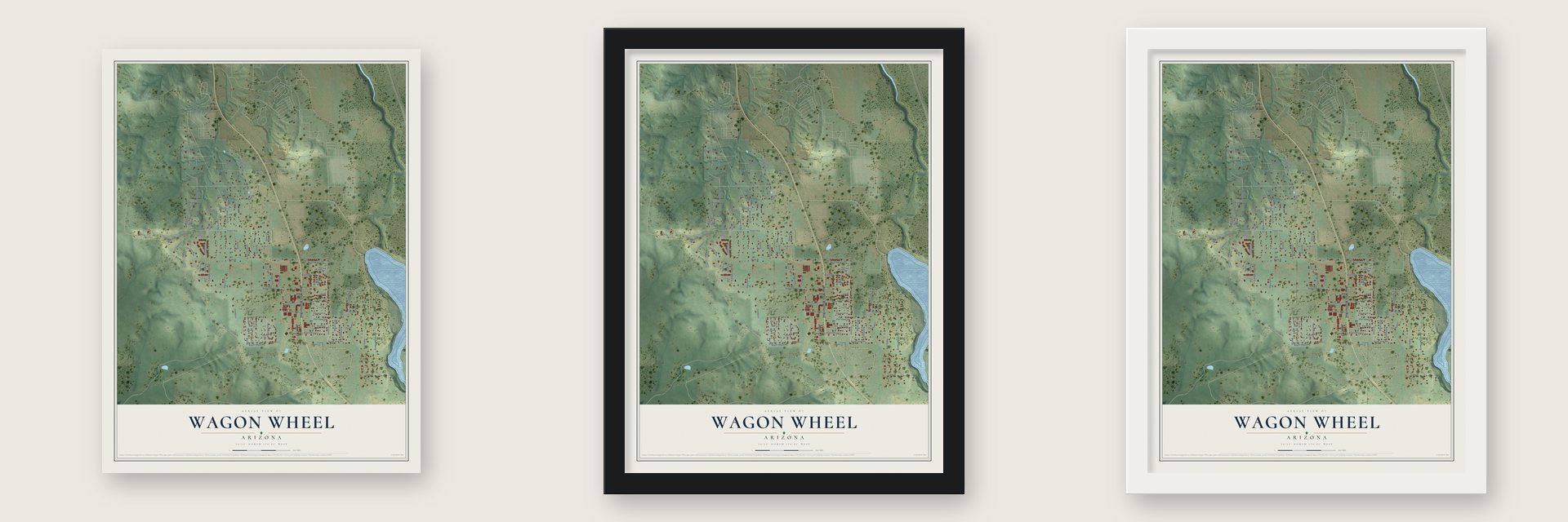 Wagon Wheel, Arizona map unframed, in a black wood frame and in a white wood frame