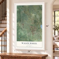 Wagon Wheel, Arizona map, 24 x 36 inch print in a white frame by a staircase
