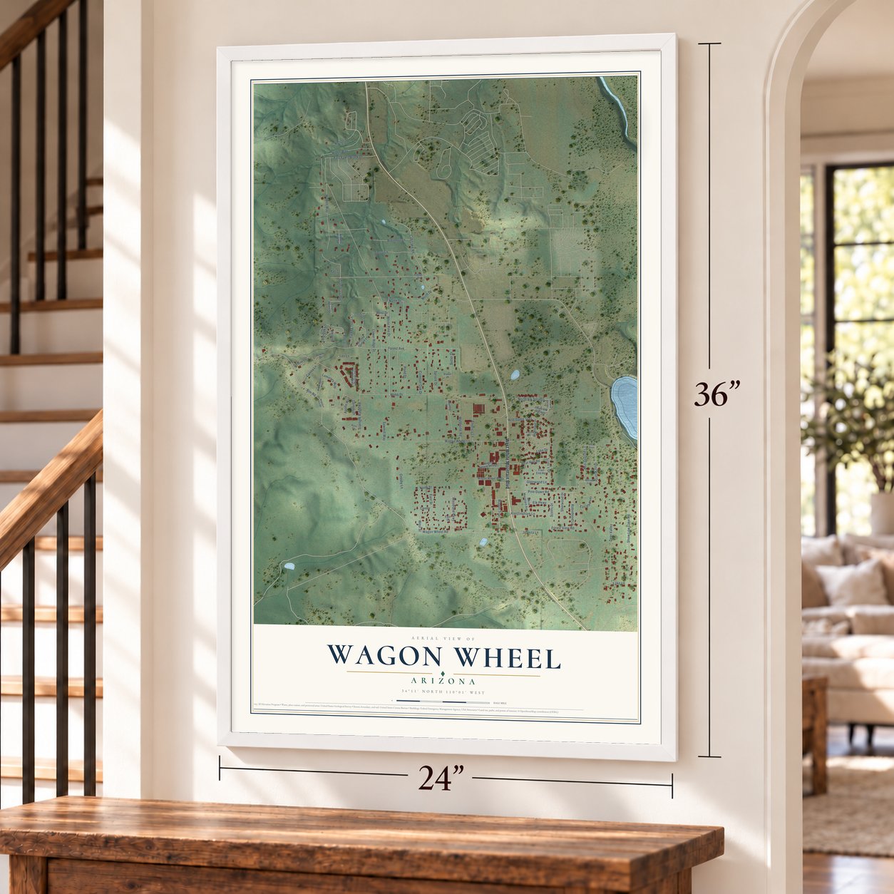 Wagon Wheel, Arizona map, 24 x 36 inch print in a white frame by a staircase