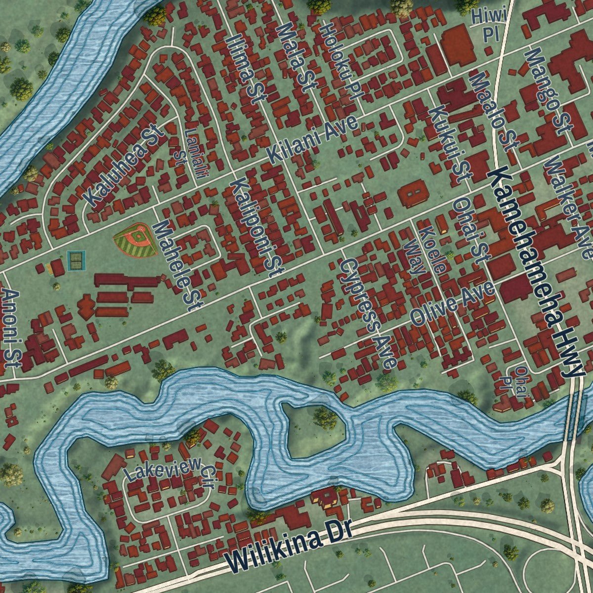 Second close-up of the map of Wahiawa, Hawaii print showing more streets and buildings