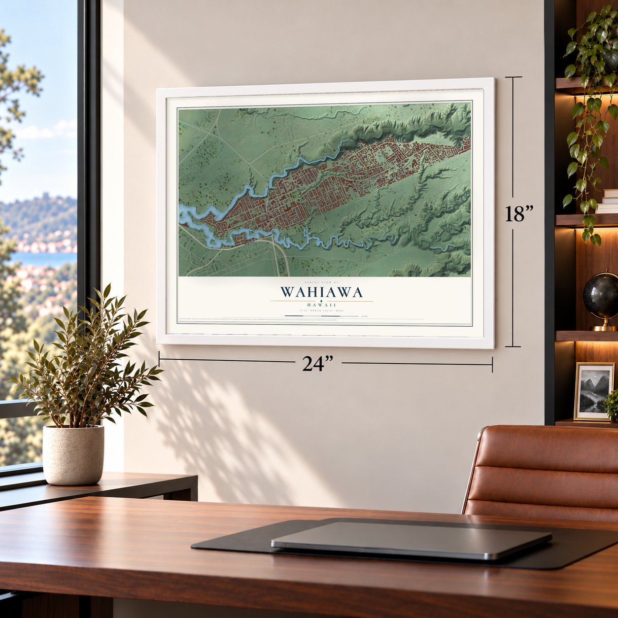 Wahiawa, Hawaii map, 18 x 24 inch print in a white frame in a home office