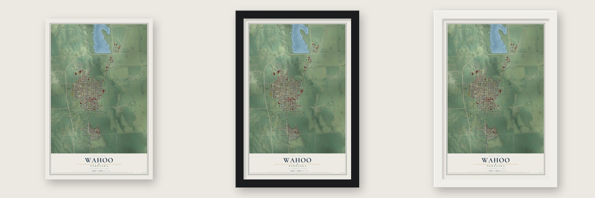 Wahoo, Nebraska map unframed, in a black wood frame and in a white wood frame