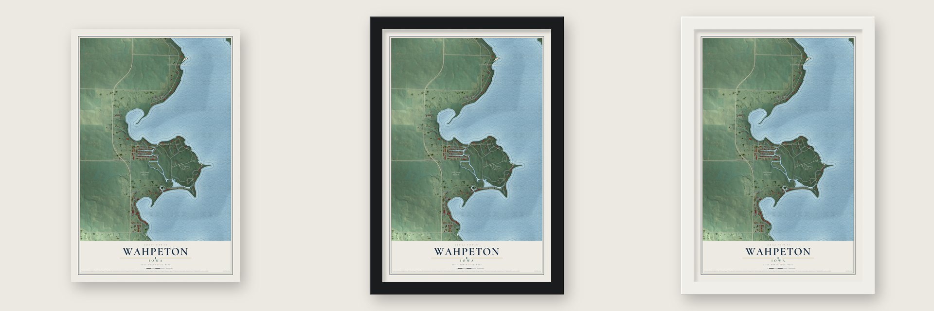 Wahpeton, Iowa map unframed, in a black wood frame and in a white wood frame