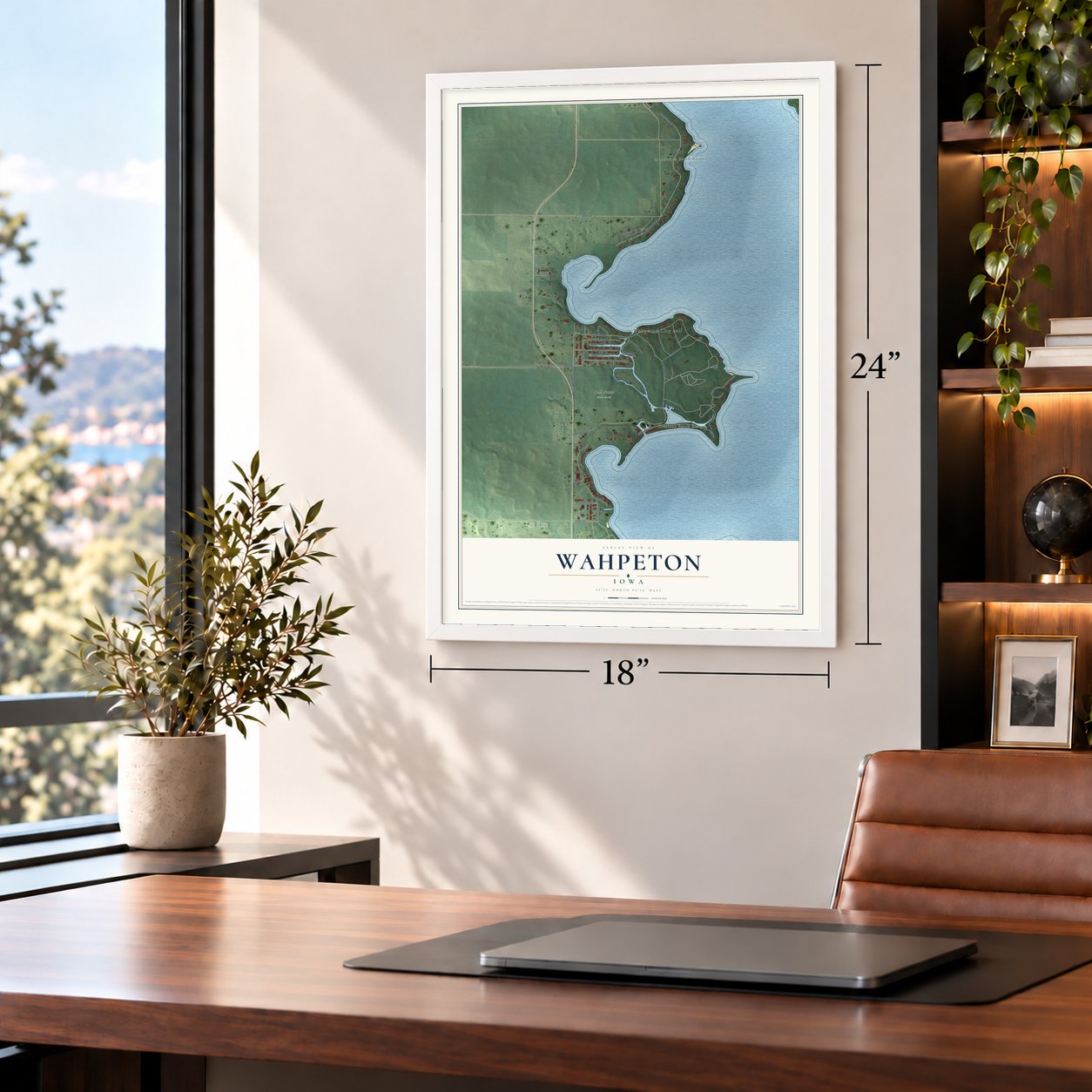 Wahpeton, Iowa map, 18 x 24 inch print in a white frame in a home office