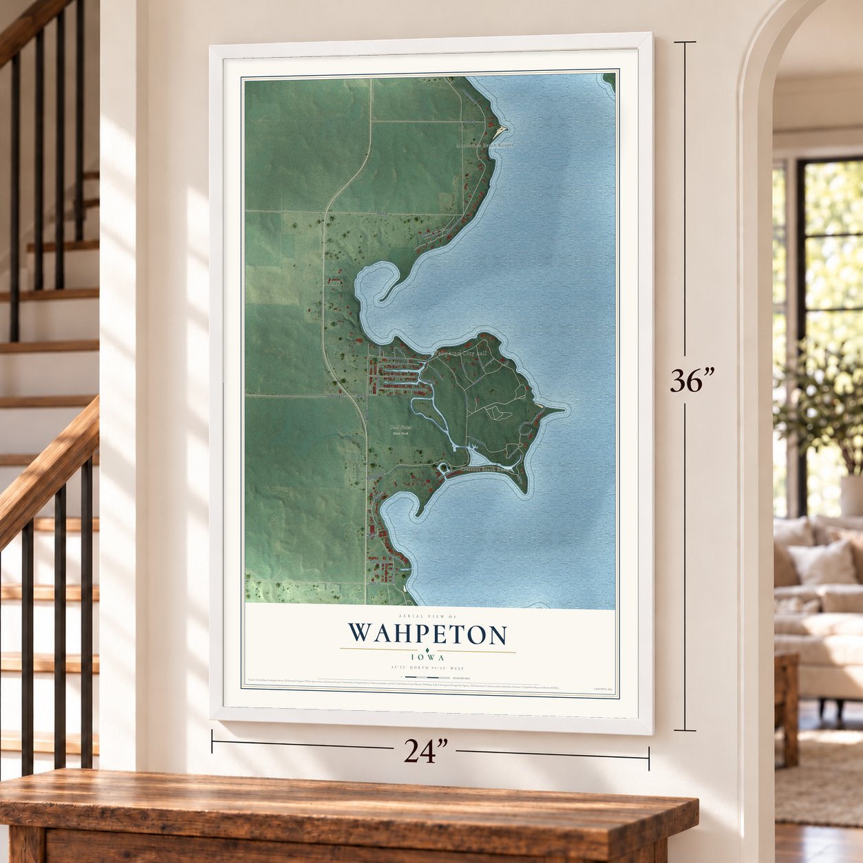 Wahpeton, Iowa map, 24 x 36 inch print in a white frame by a staircase