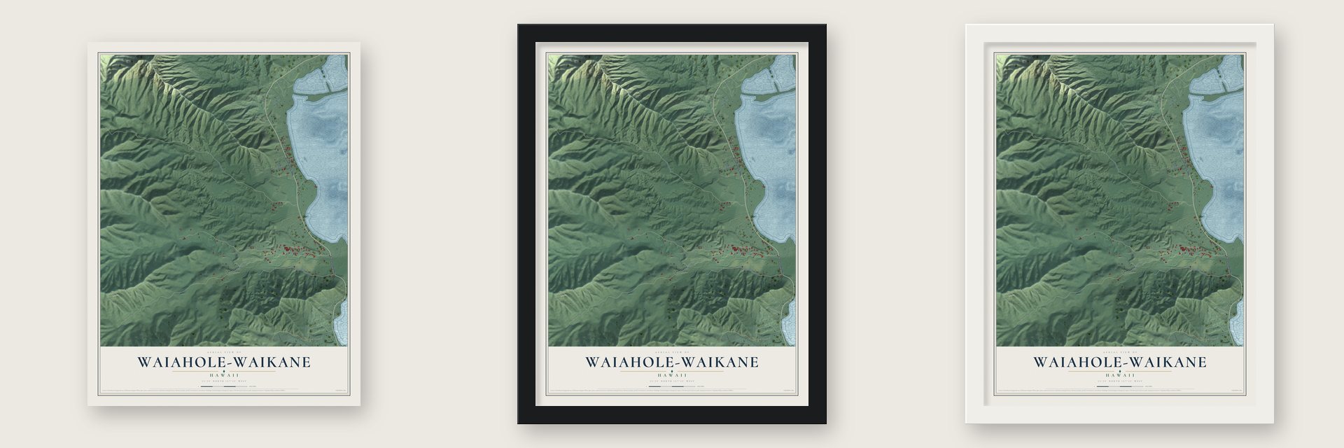 Waiahole-Waikane, Hawaii map unframed, in a black wood frame and in a white wood frame