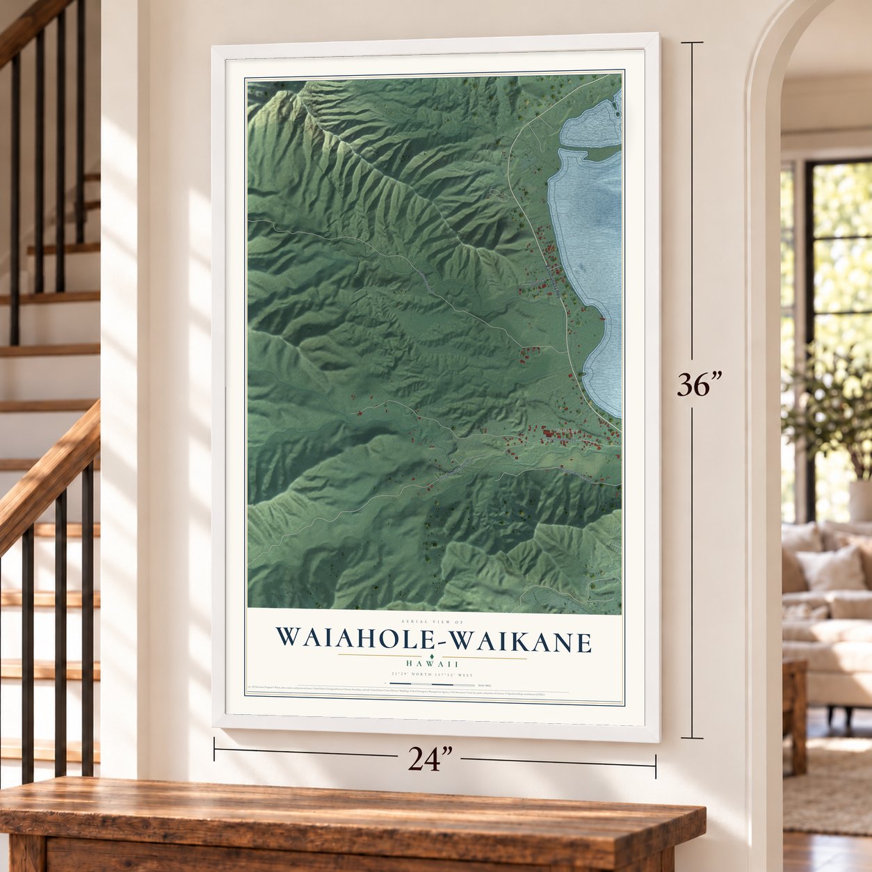 Waiahole-Waikane, Hawaii map, 24 x 36 inch print in a white frame by a staircase