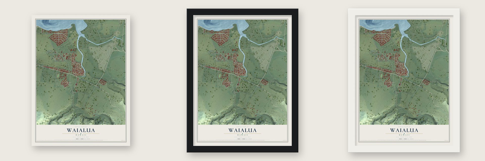 Waialua, Hawaii map unframed, in a black wood frame and in a white wood frame