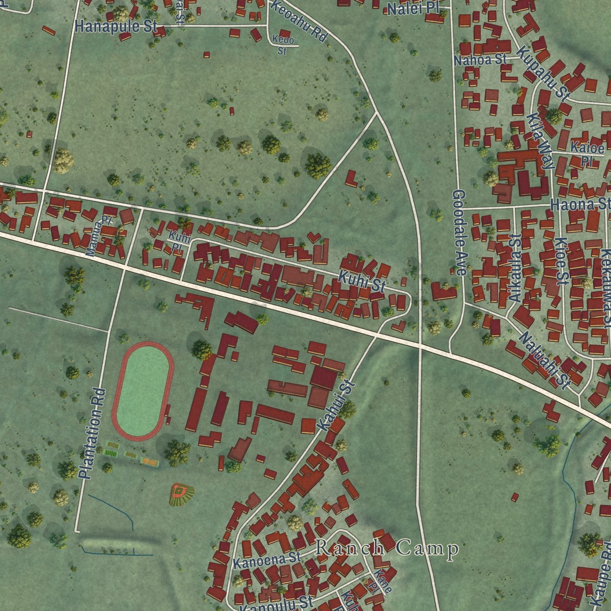 Second close-up of the map of Waialua, Hawaii print showing more streets and buildings