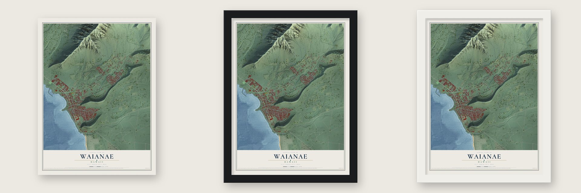 Waianae, Hawaii map unframed, in a black wood frame and in a white wood frame