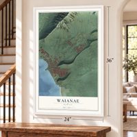 Waianae, Hawaii map, 24 x 36 inch print in a white frame by a staircase