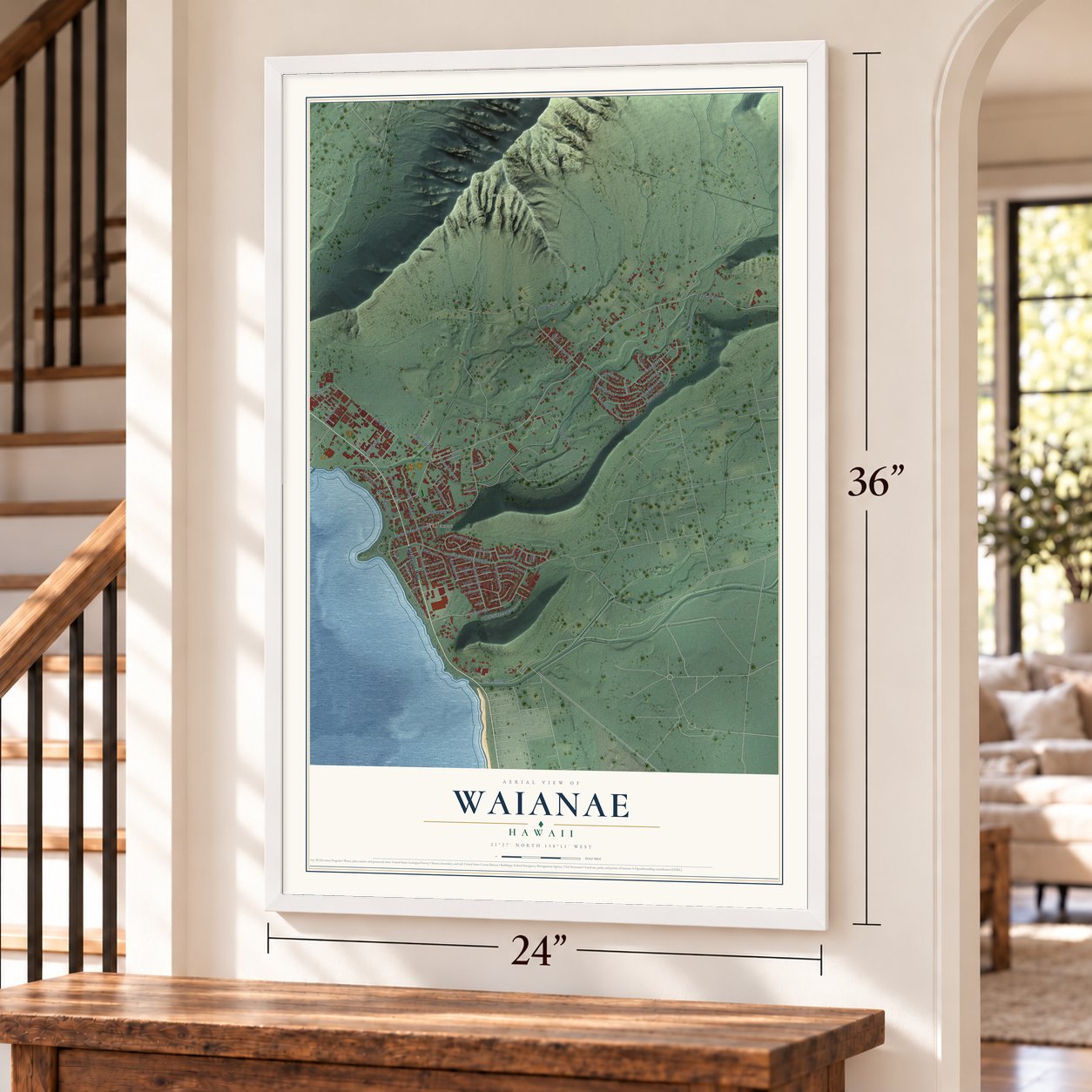 Waianae, Hawaii map, 24 x 36 inch print in a white frame by a staircase