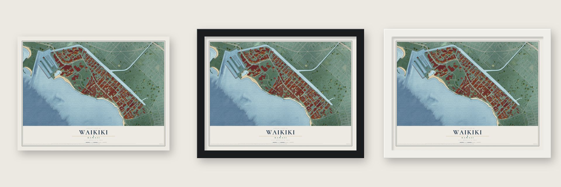 Waikiki, Hawaii map unframed, in a black wood frame and in a white wood frame