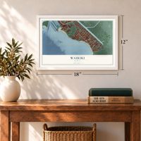 Waikiki, Hawaii map, 12 x 18 inch print in a white frame in an entryway