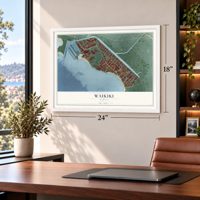 Waikiki, Hawaii map, 18 x 24 inch print in a white frame in a home office