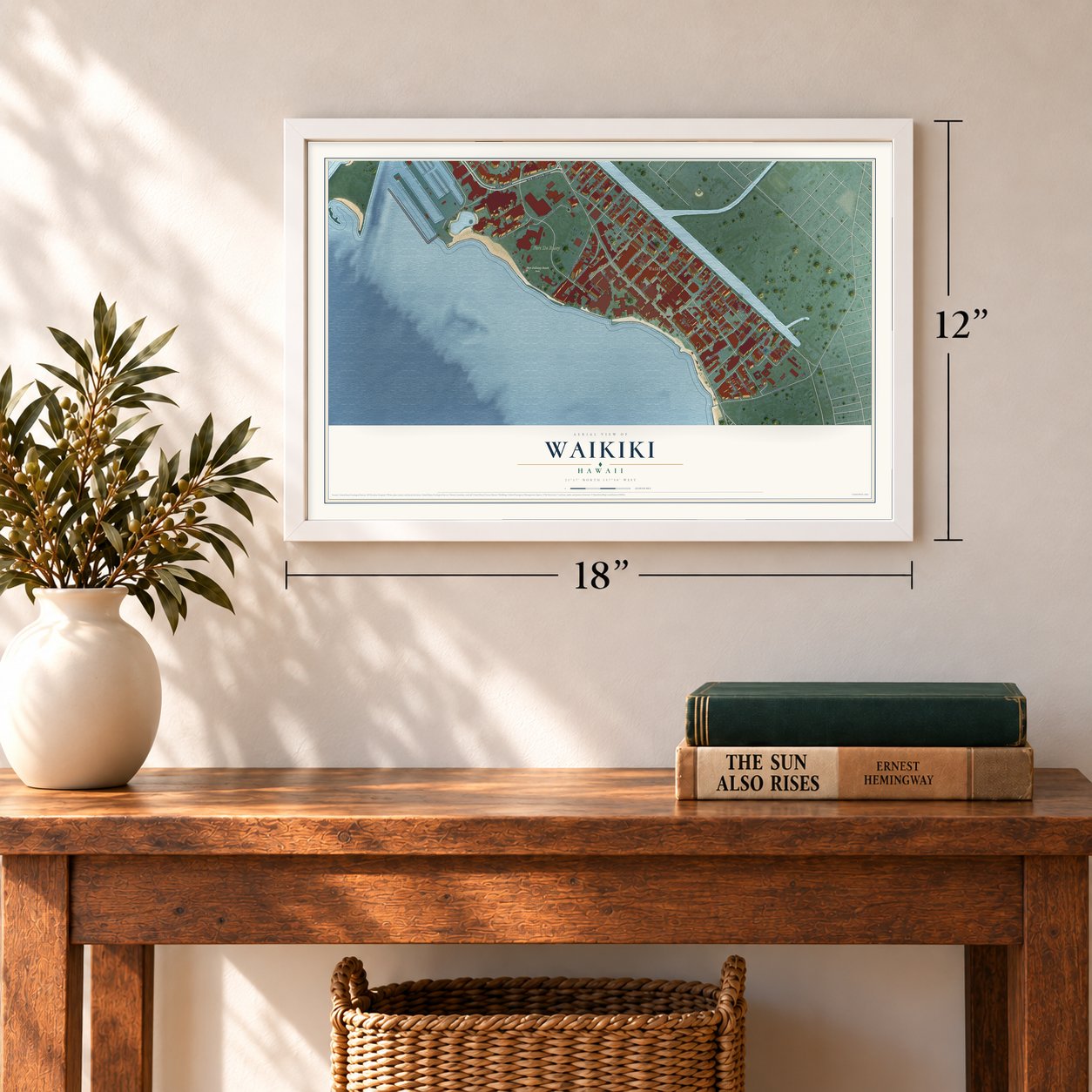 Waikiki, Hawaii map, 12 x 18 inch print in a white frame in an entryway