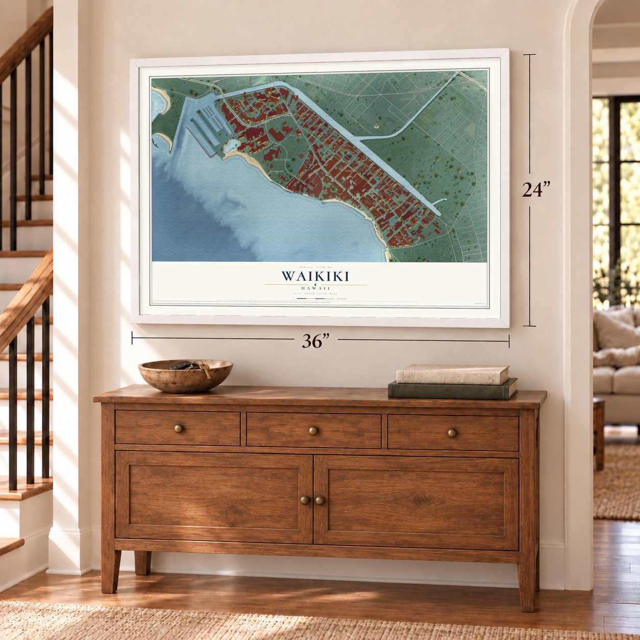 Waikiki, Hawaii map, 24 x 36 inch print in a white frame above a dresser by a staircase