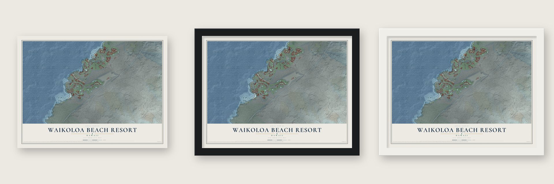 Waikoloa Beach Resort, Hawaii map unframed, in a black wood frame and in a white wood frame