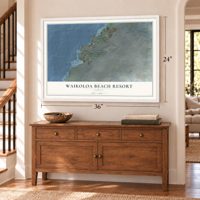 Waikoloa Beach Resort, Hawaii map, 24 x 36 inch print in a white frame above a dresser by a staircase