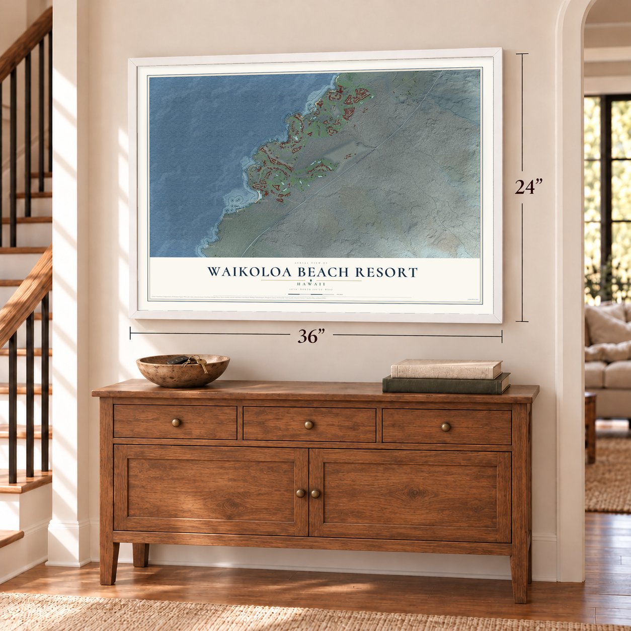 Waikoloa Beach Resort, Hawaii map, 24 x 36 inch print in a white frame above a dresser by a staircase