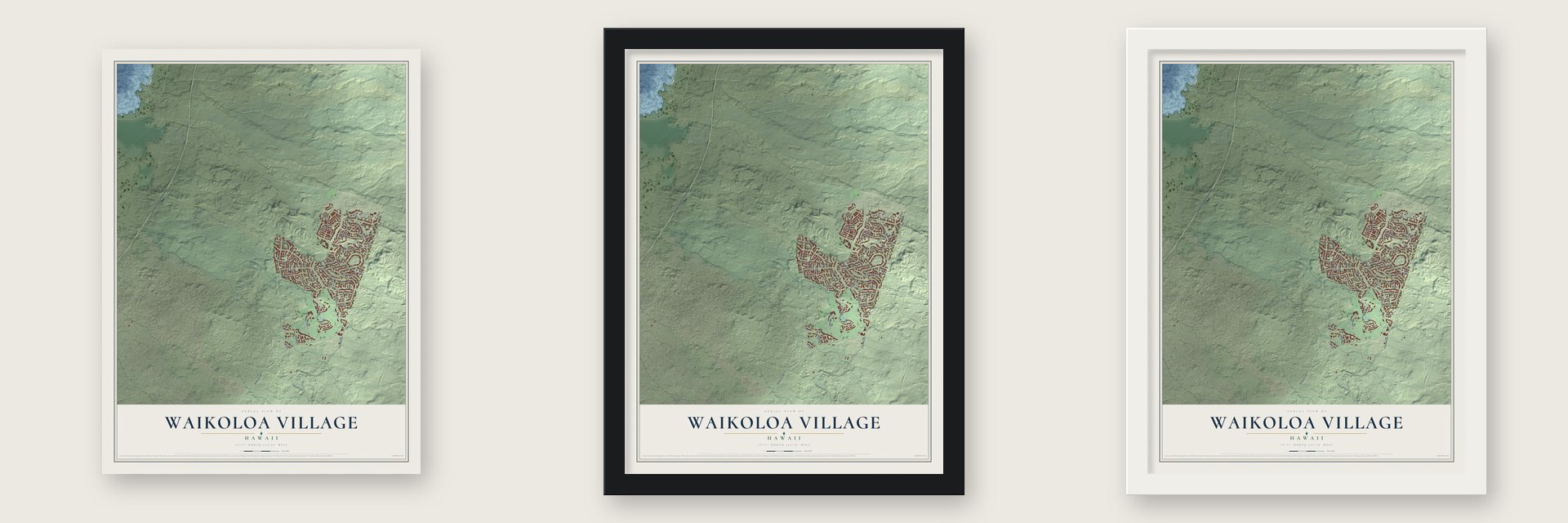 Waikoloa Village, Hawaii map unframed, in a black wood frame and in a white wood frame