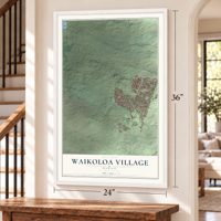 Waikoloa Village, Hawaii map, 24 x 36 inch print in a white frame by a staircase