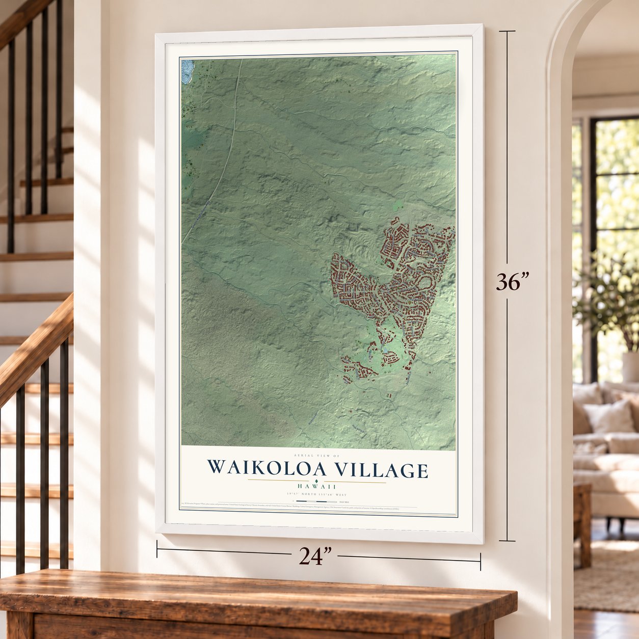 Waikoloa Village, Hawaii map, 24 x 36 inch print in a white frame by a staircase