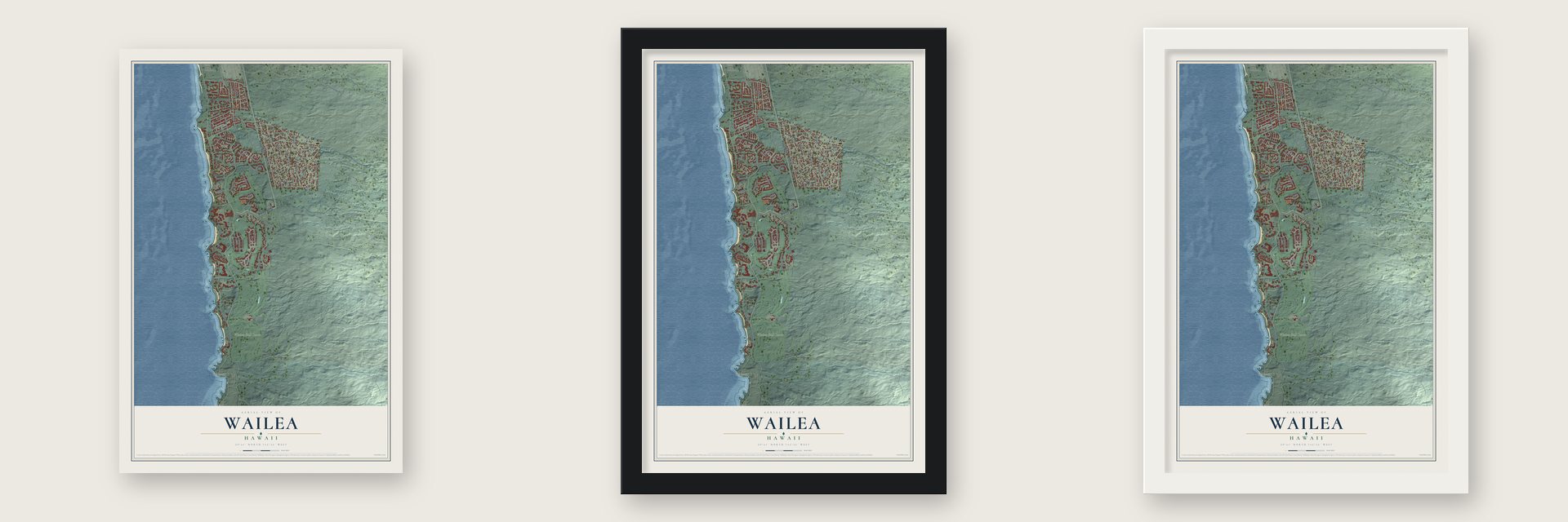 Wailea, Hawaii map unframed, in a black wood frame and in a white wood frame