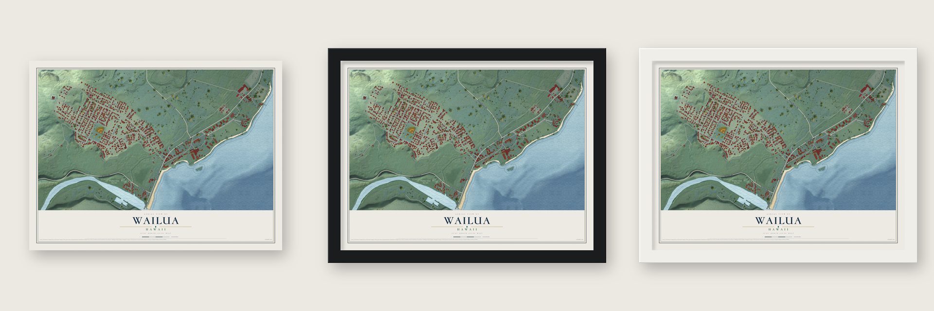 Wailua, Hawaii map unframed, in a black wood frame and in a white wood frame