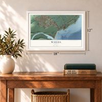 Wailua, Hawaii map, 12 x 18 inch print in a white frame in an entryway